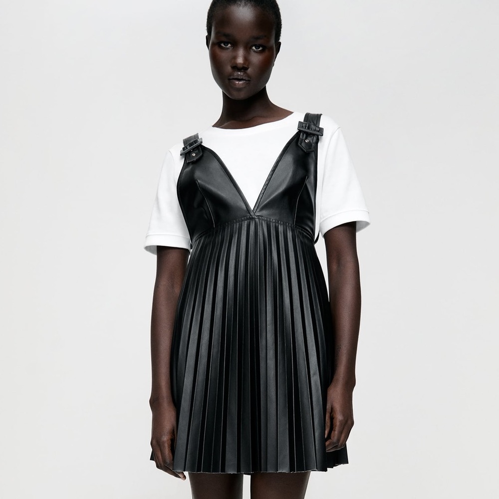 ZARA faux leather pinafore dress in black